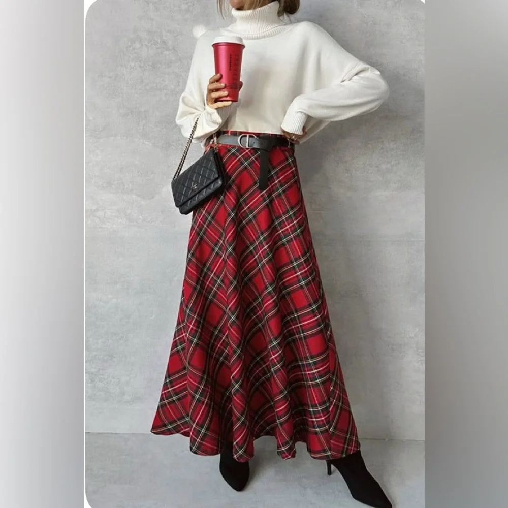 Plaid Red Tartan Maxi Full Skirt with pockets no name approx. size XL see meas. - Picture 8 of 10